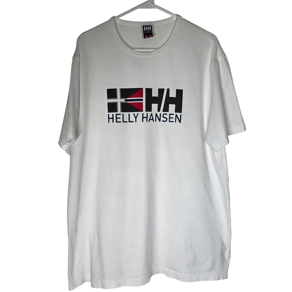 Helly Hansen Mens White Graphic Logo T-Shirt Size 2XL Cotton Short Sleeve Tee